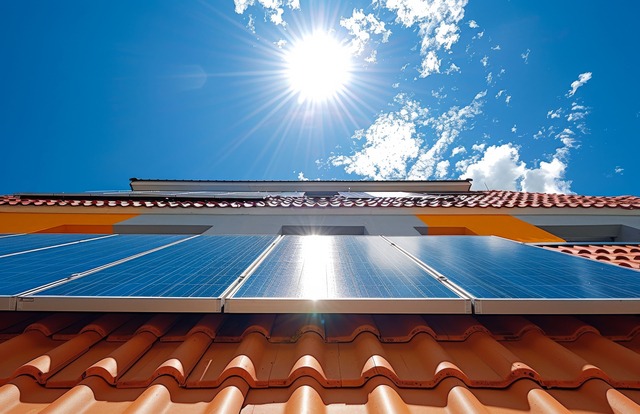 A Roof With Solar Panels On It And The Sun Shining On It