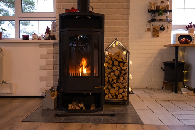 Black Metal Stove Fireplace With Wood In A Woodpile The Interi