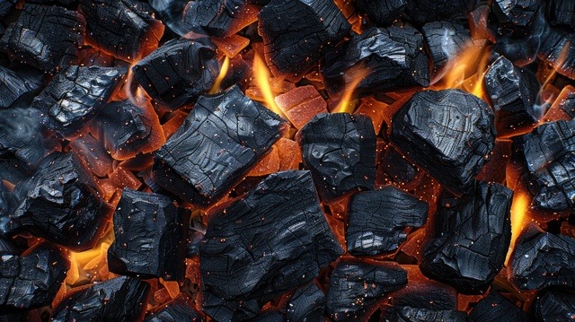 Burning Coals. Glowing Hot Coals In Close Up With Intense Orange And Red Hues Visible.